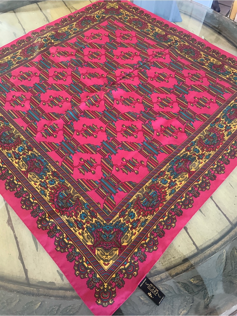 Bright Pink Patterned Silk-Feel Scarf with Multicolor Border Italian 35“ x 35“